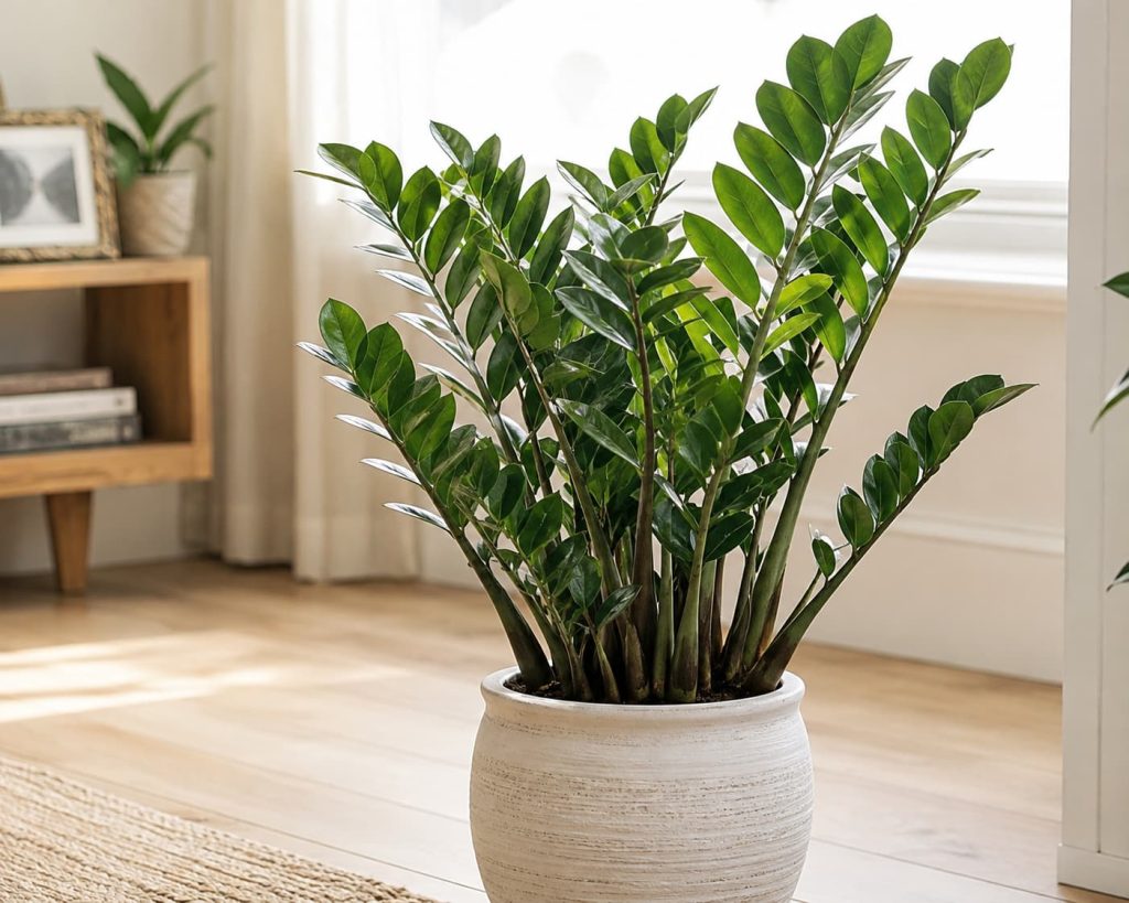 Healthy ZZ plant with glossy green leaves growing indoors