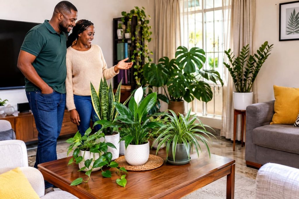 Man and woman admiring a collection healthy air purifying plants for bedroom while complementing a comfortable indoor environment.