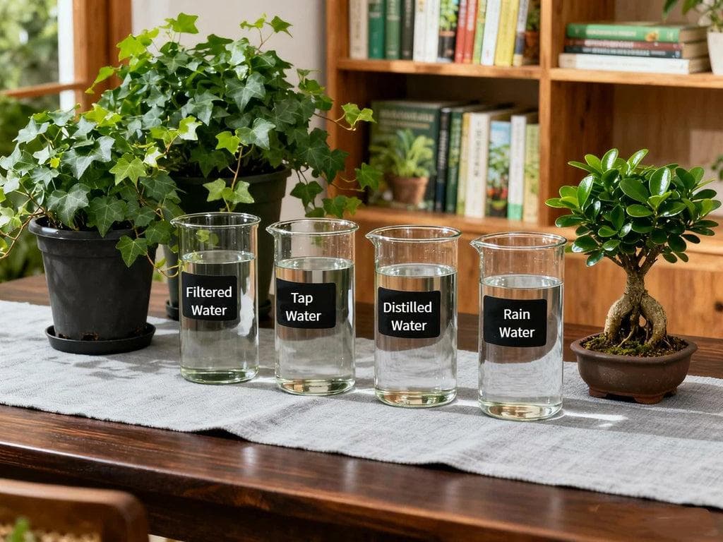 Indoor houseplant beside containers of tap filtered rainwater and distilled water for comparing watering options.