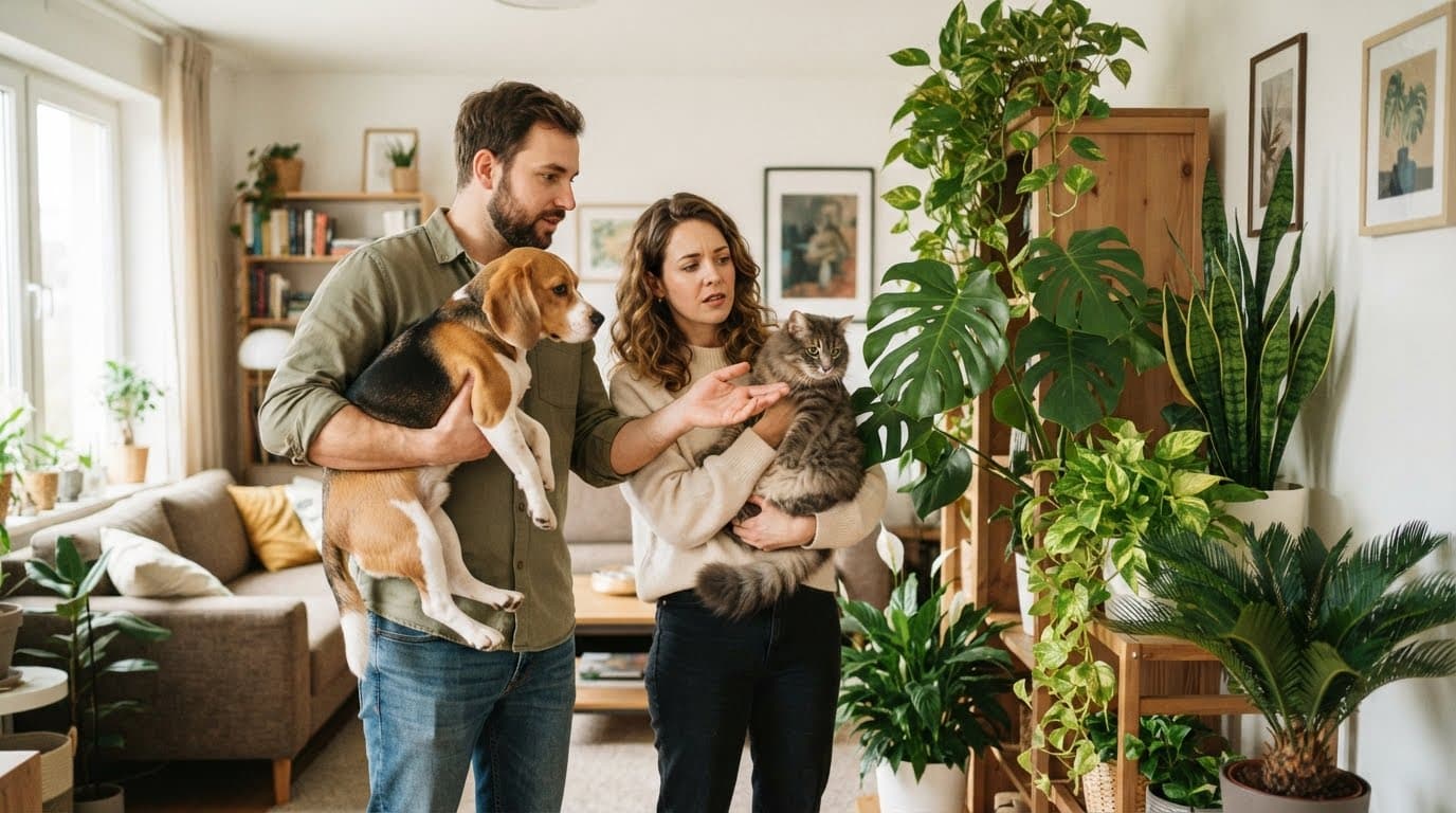 A man holding a beagle dog and a woman holding a fluffy gray cat as they look at a collection of dangerous indoor plants to pets, including a monstera and snake plant.