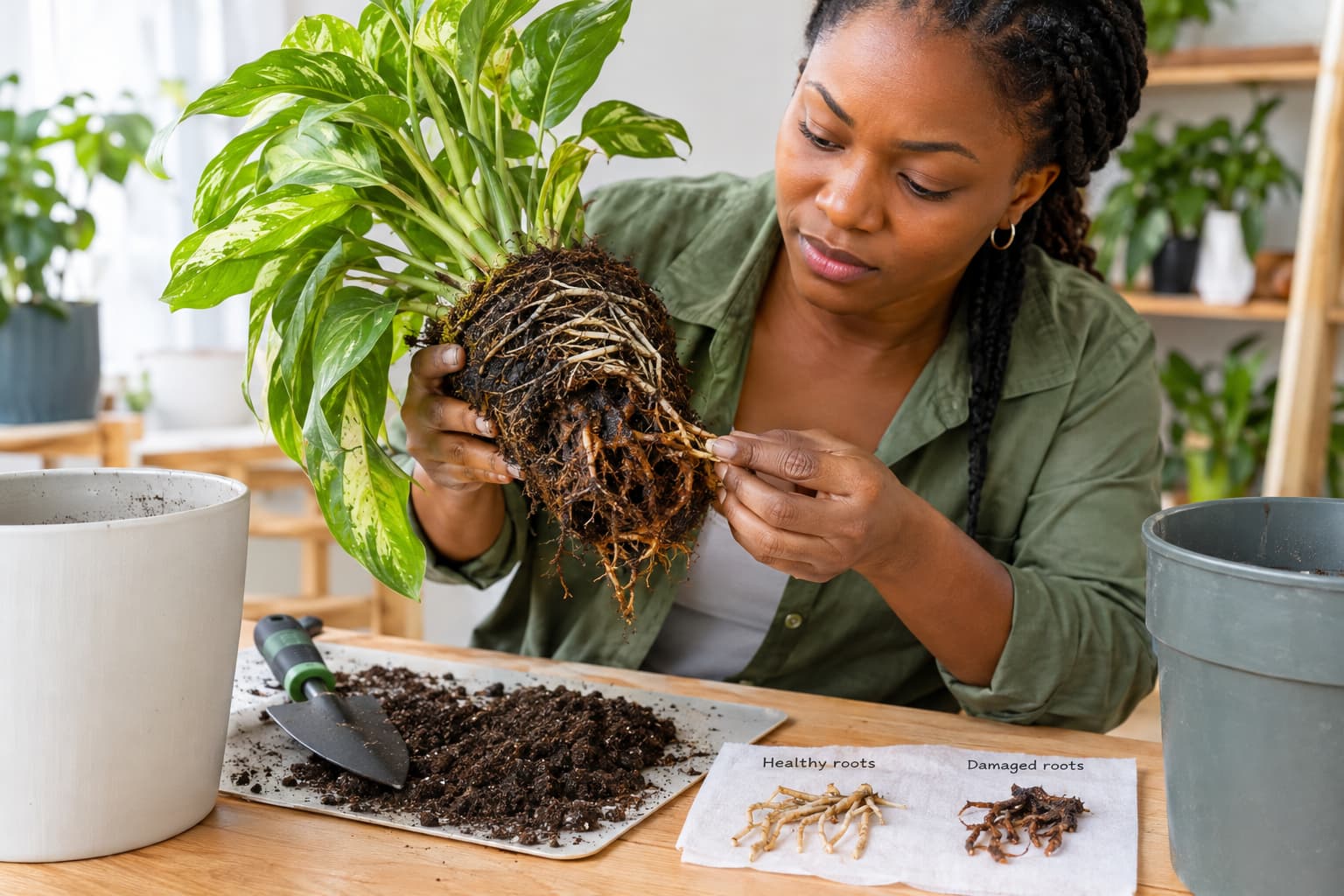 Householdplant removed from its pot showing healthy and rotted roots during root rot treatment