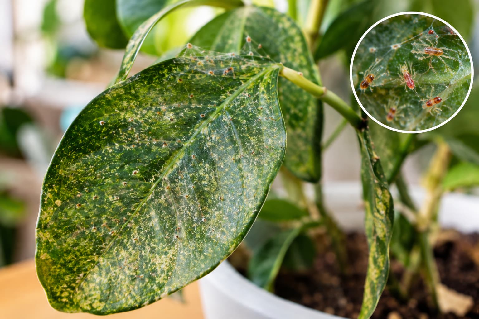 Spider mites on the leaves of an indoor plant