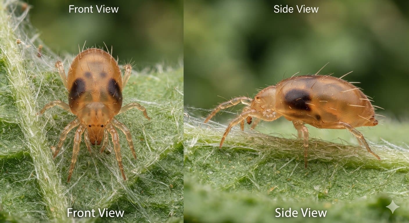 Photo of side-by-side views of a two-spotted spider mite on a green leaf covered in fine webbing, labeled "Front View" on the left and "Side View" on the right.