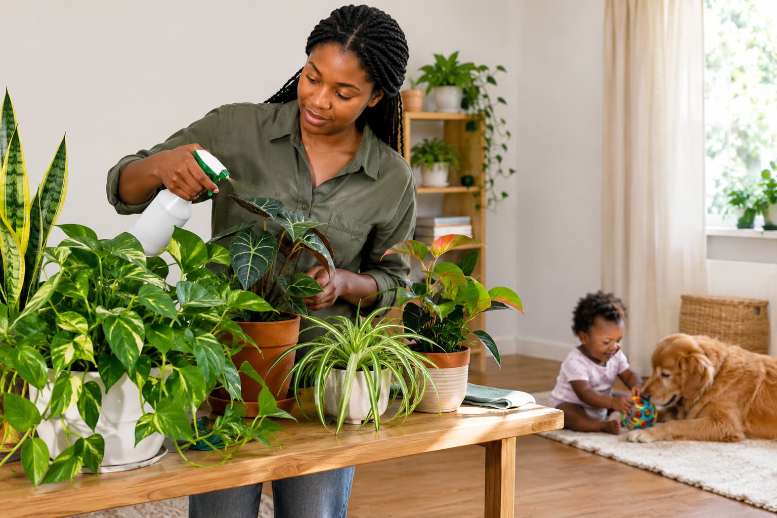 A woman treats a collection of indoor plants while learning how to get rid of spider mites on indoor plants.