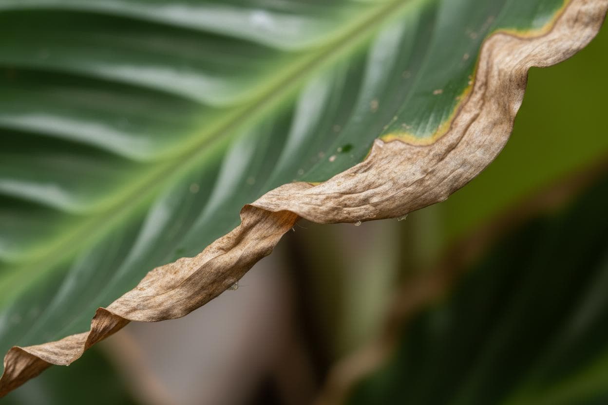 Indoor plant leaf with severe brown, dry, and crispy edges caused by low humidity or moisture stress.