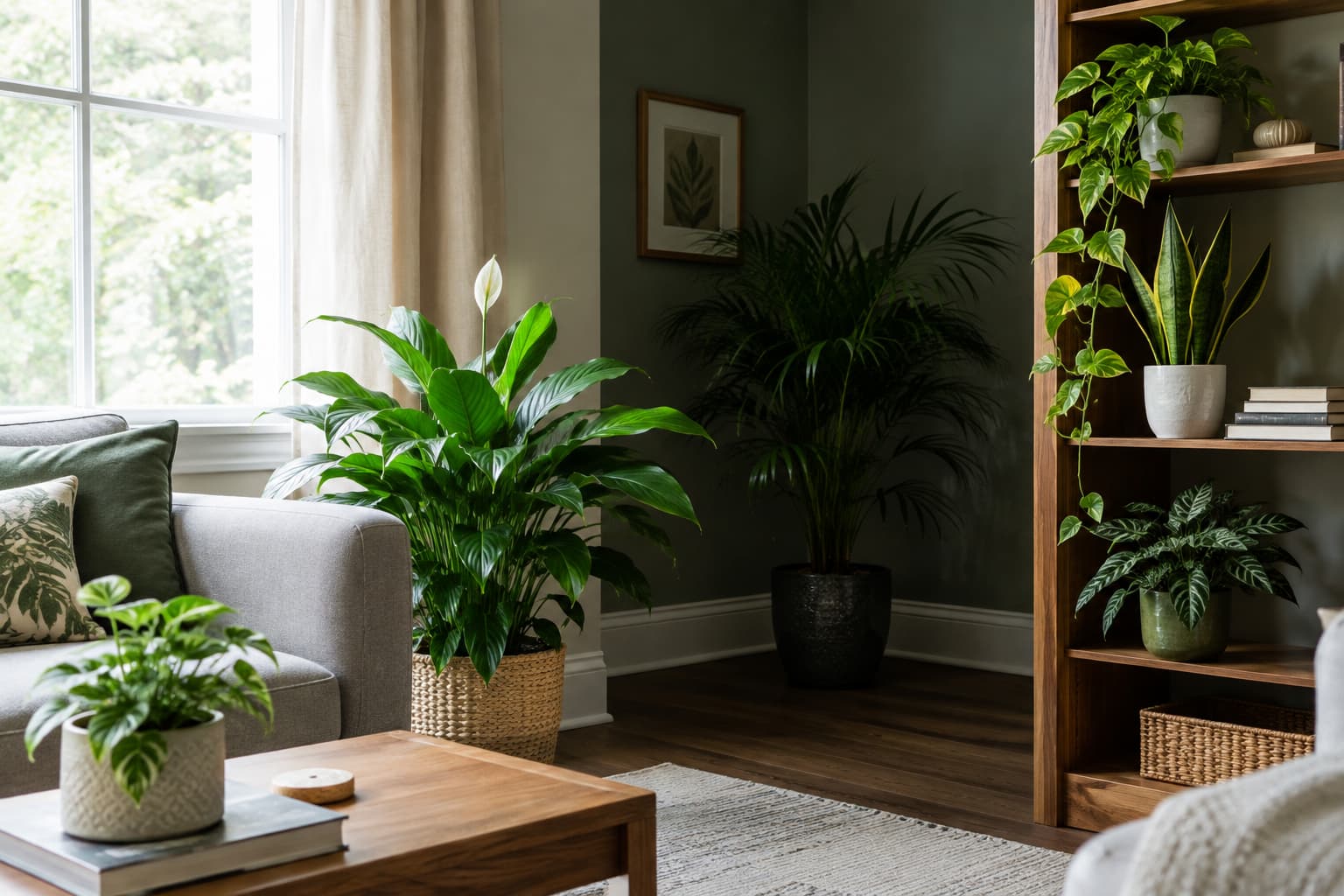 Healthy low light plants arranged in shaded areas of a bright living room