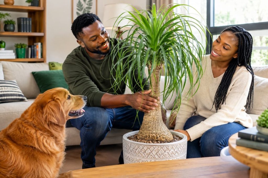 A ponytail palm thrives indoors with bright light, fast-draining soil, and careful watering.
