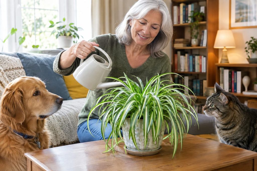 Woman in her 60s watering a healthy spider plant while her dog and cat watch