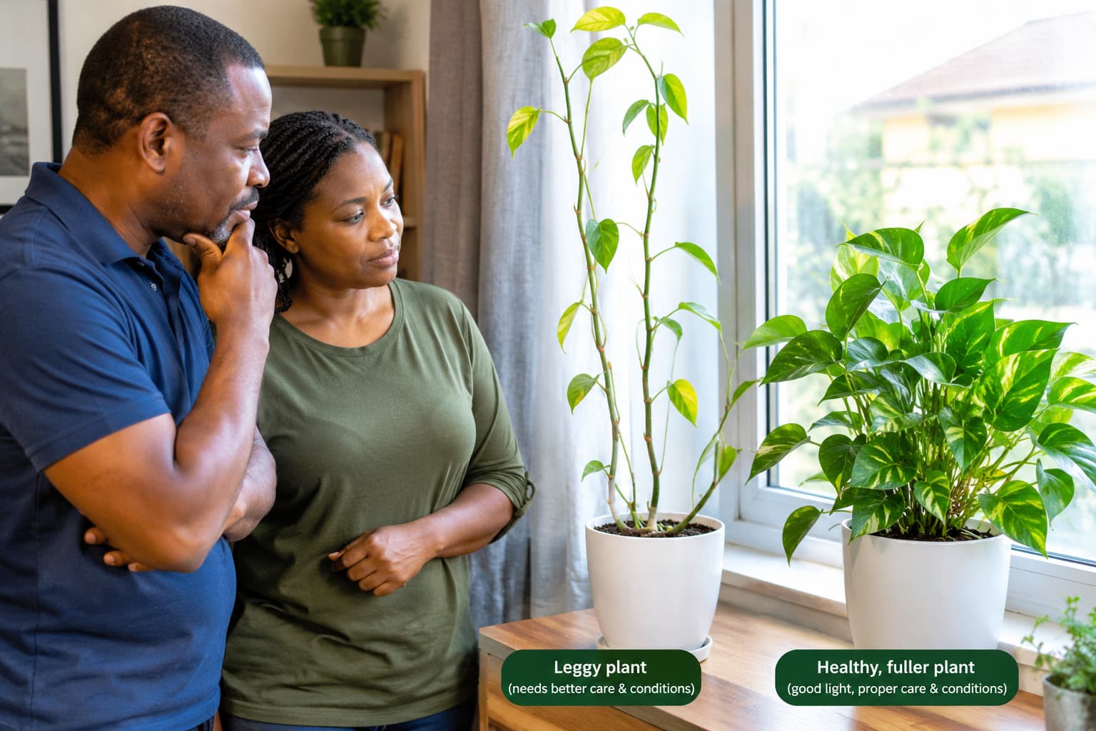 A leggy houseplant with long, sparse stems compared with a fuller, healthier plant. Improving light conditions, proper watering and pruning when needed can help encourage healthier growth over time.
