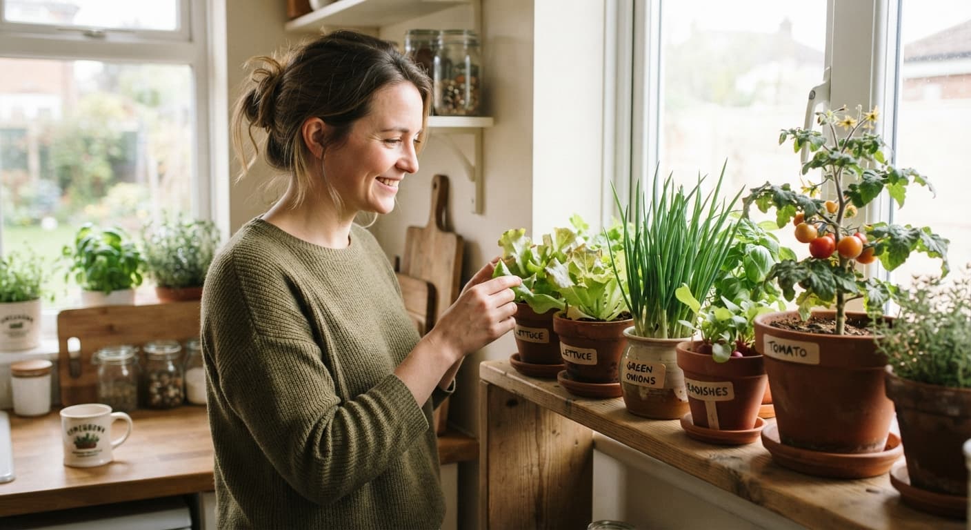 A woman smiling as she looks at her practical DIY vegetable garden setup, highlighting how to grow vegetables indoors on a sunny kitchen window sill with potted lettuce, green onions, and cherry tomatoes.
