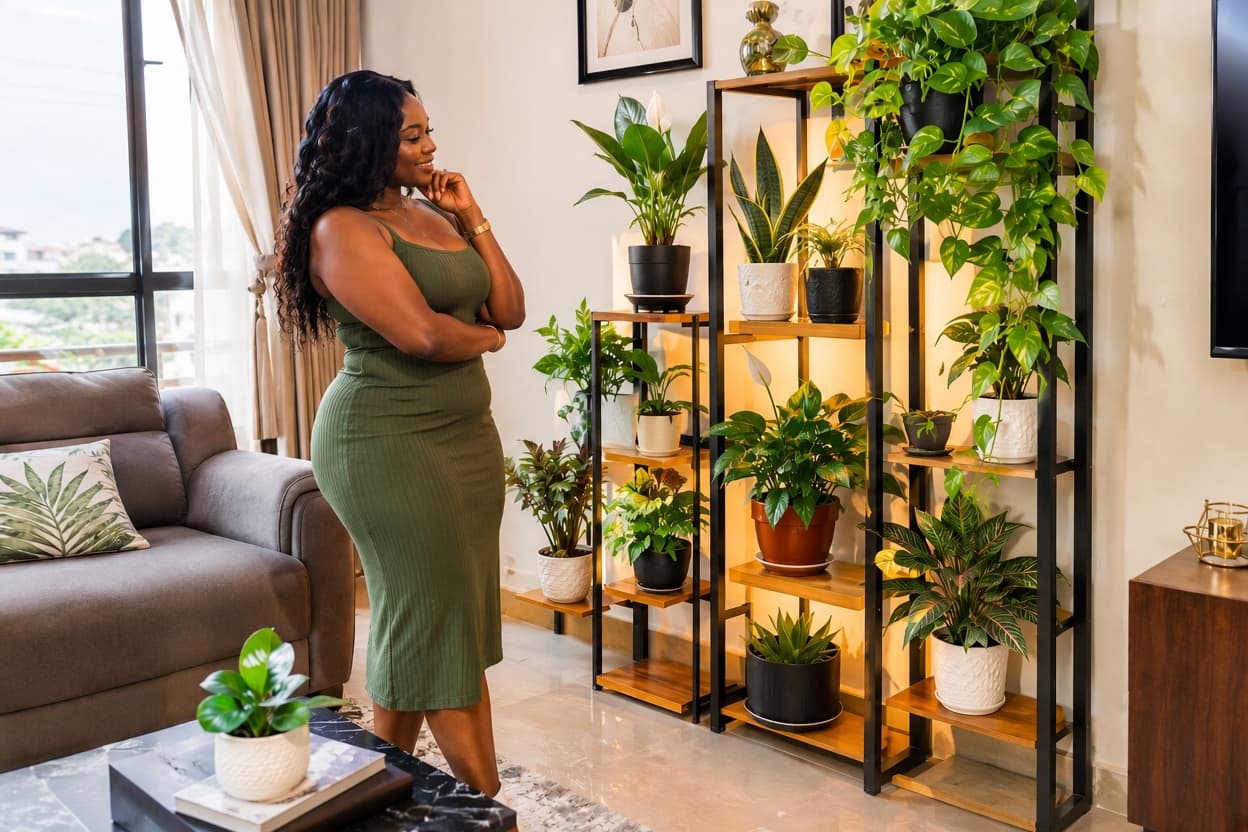 Indoor plant shelf ideas for small spaces featuring a beautiful African woman admiring houseplants arranged on stylish shelves in a cozy living room.